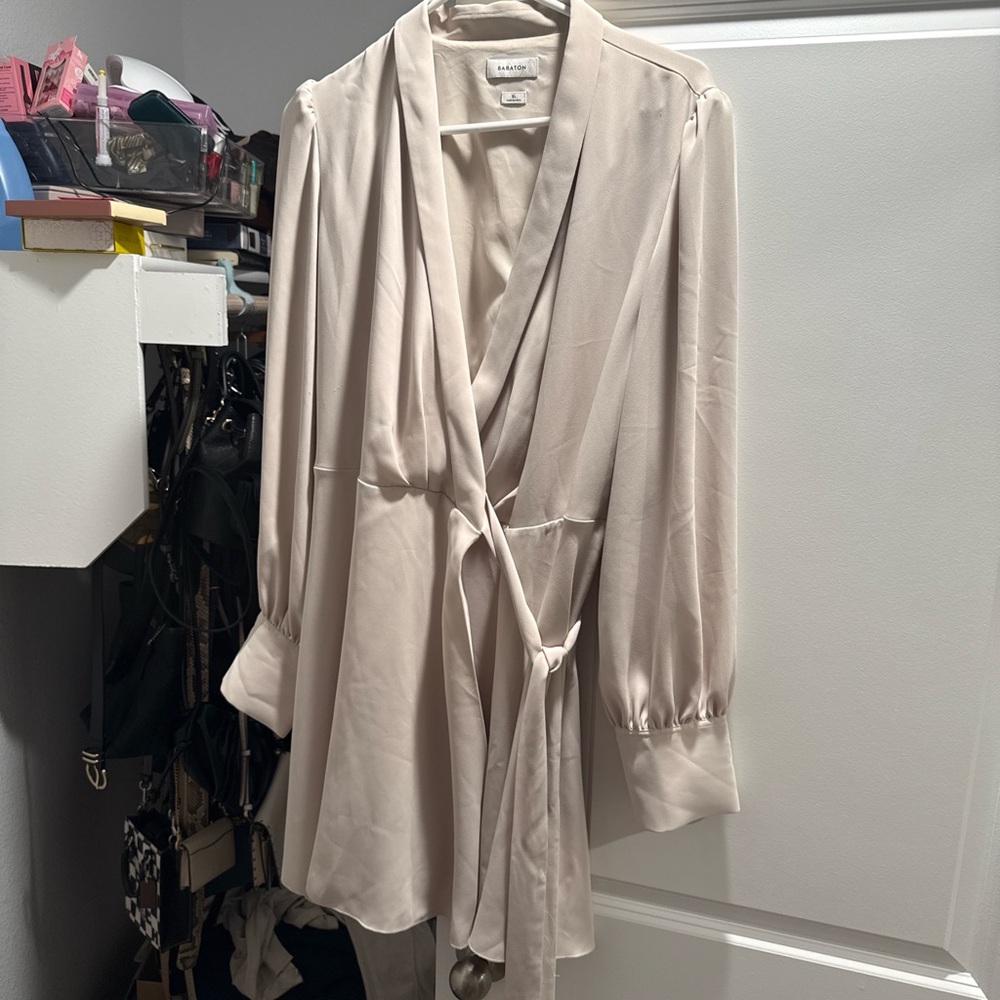 Babaton Cream Tie-Waist Silk-Blend Wrap Dress